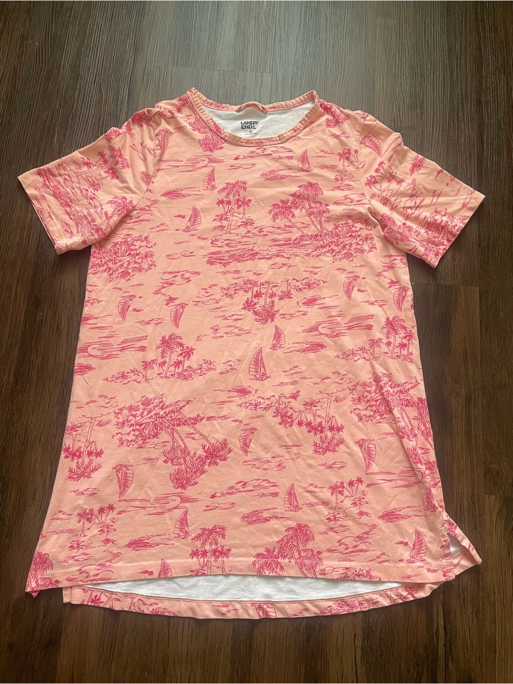 Lands' End Women's MEDIUM 10-12 Short Sleeve Tropical Pink Orange Sleep Shirt